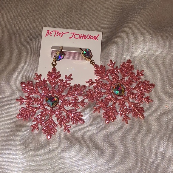 Betsey Johnson Gold Tone & Pink Glitter Snowflake Drop Earrings Crystal Accents - Picture 3 of 12